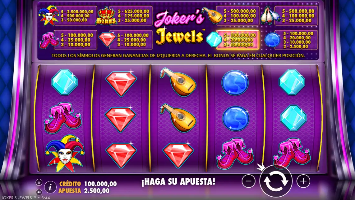 Tabla de pagos de Joker Jewels con símbolos y recompensas detalladas