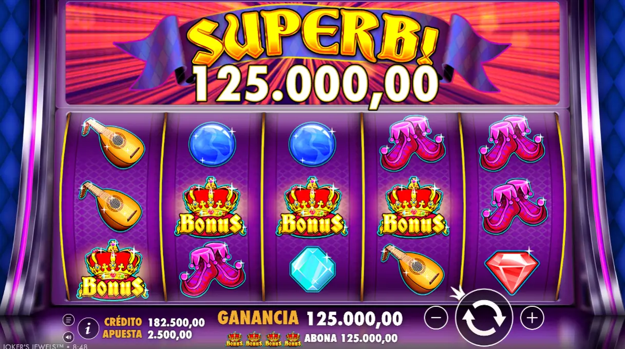 Reels activos de Joker Jewels con gemas, laúdes y símbolos del bufón